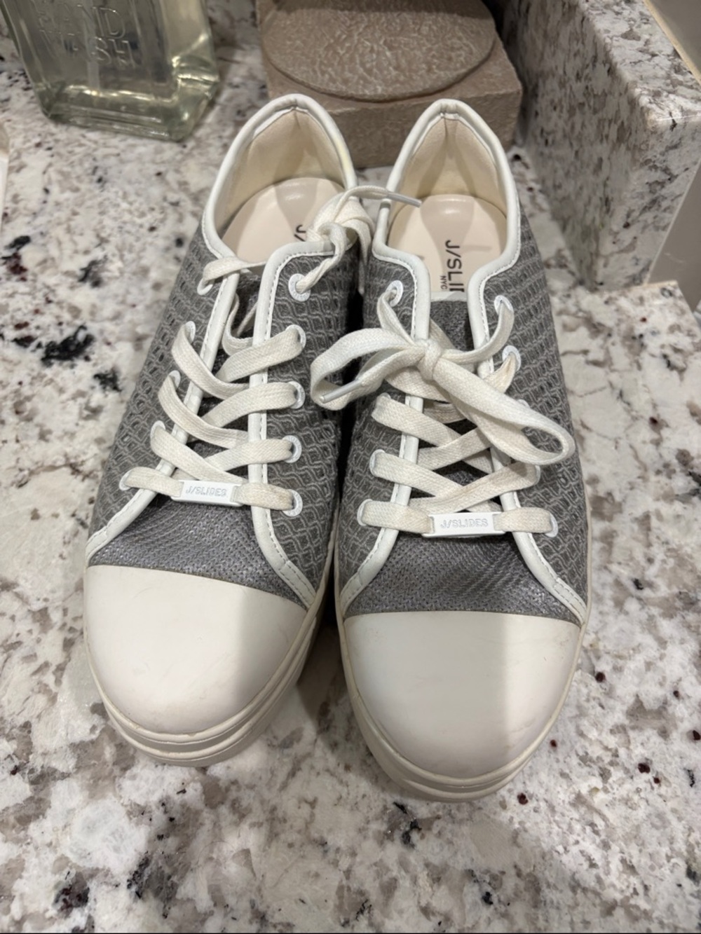 J Slides Gray and White Low-Top Sneakers